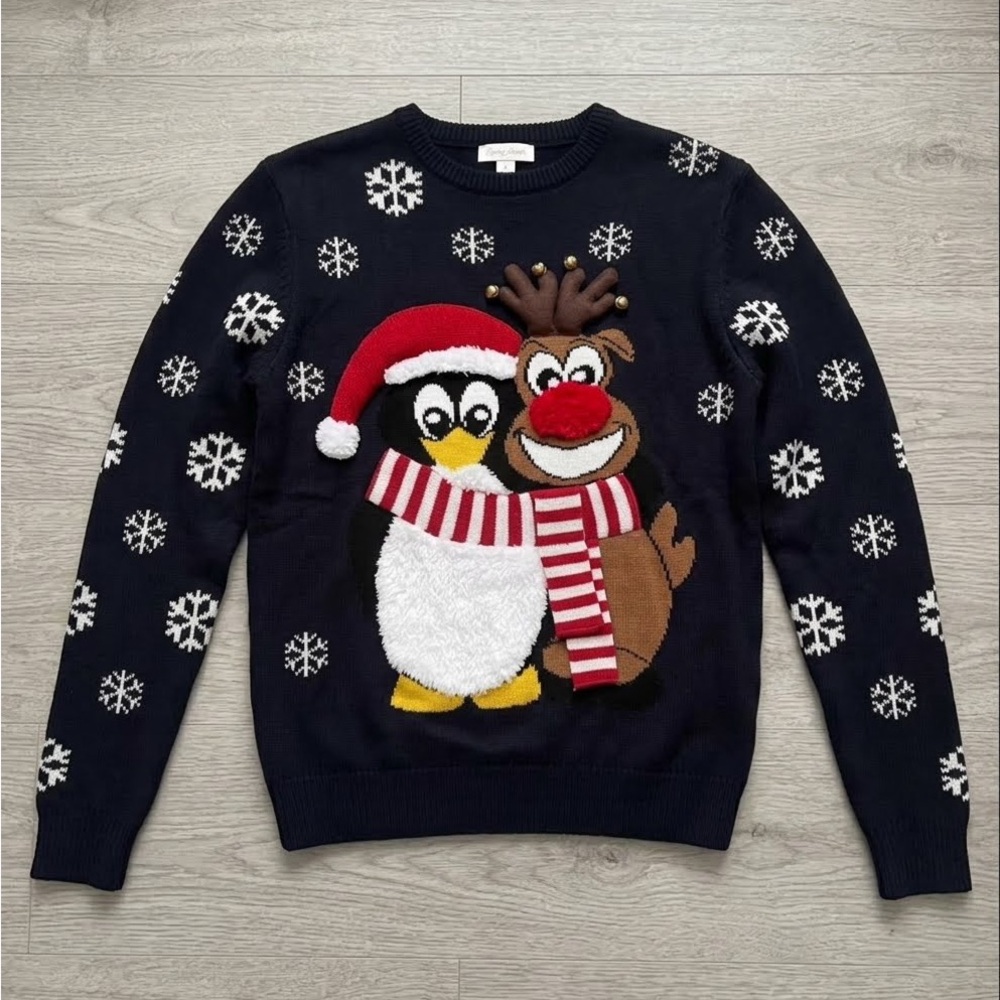 Ugly Christmas Sweater Penguin Reindeer Snowflakes Size M Blue Jumper Unisex